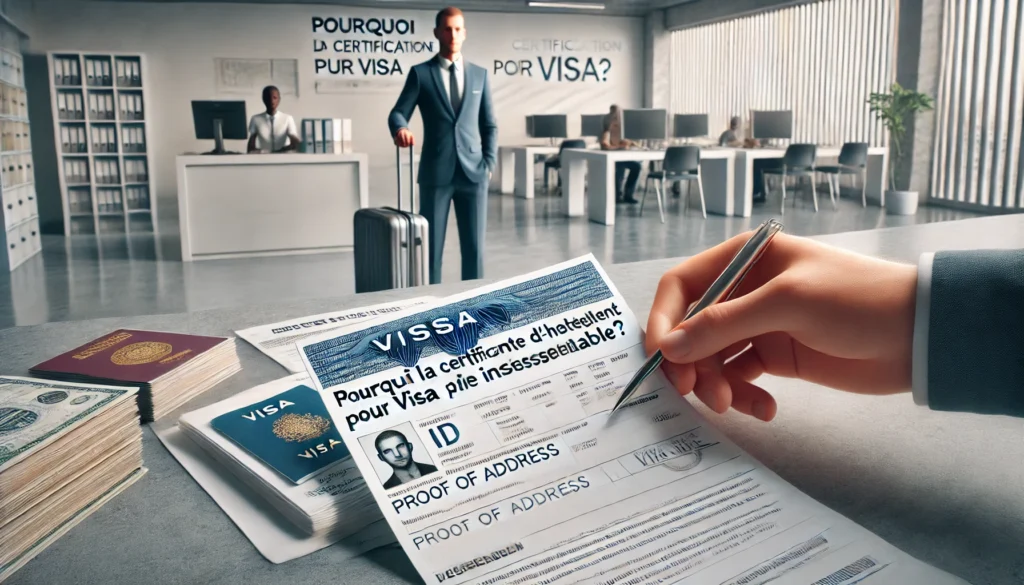 undefined A hyper-realistic image illustrating 'Pourquoi la Certification d'Hébergement pour Visa est-elle Indispensable?'. The image shows a close-up of a person handing over official documents such as an ID card, proof of address, and a visa application form to a government officer in a modern administrative office. The scene emphasizes the importance of providing proper documentation for visa applications, with the office setting reflecting professionalism and clarity.